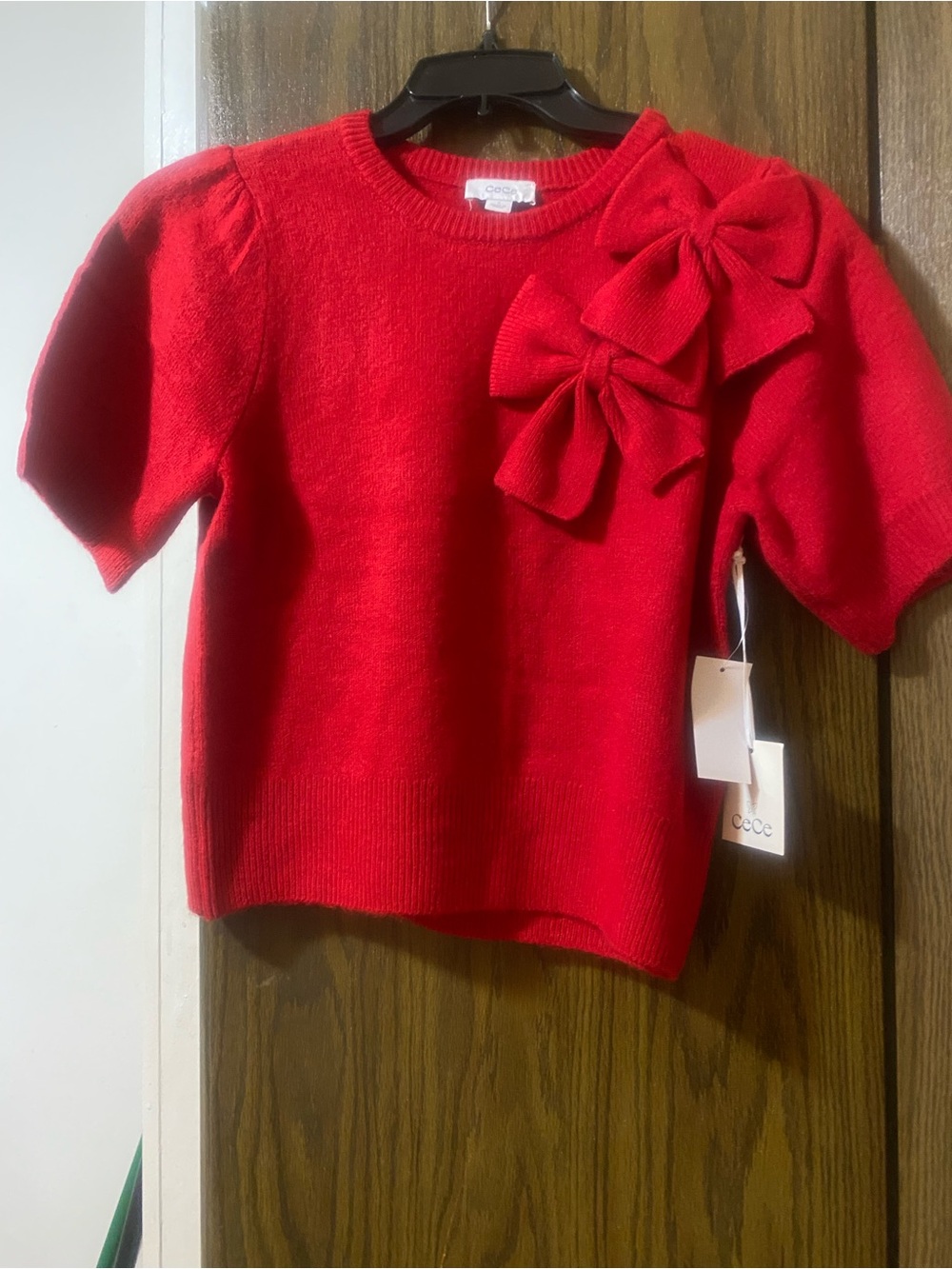 CeCe Bright Red Short-Sleeve Bow Accent Sweater